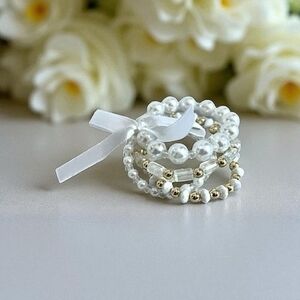 Layered Beaded Three  White Pearl Ribbon Bow Bracelet Wedding Accessories NWOT